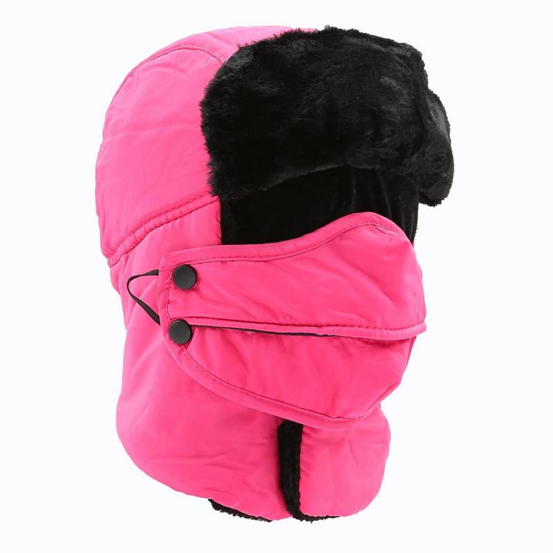 Pink winter windproof ski cap with earflap and closed neck for unisex, perfect for mountain adventures in cold, windy conditions.